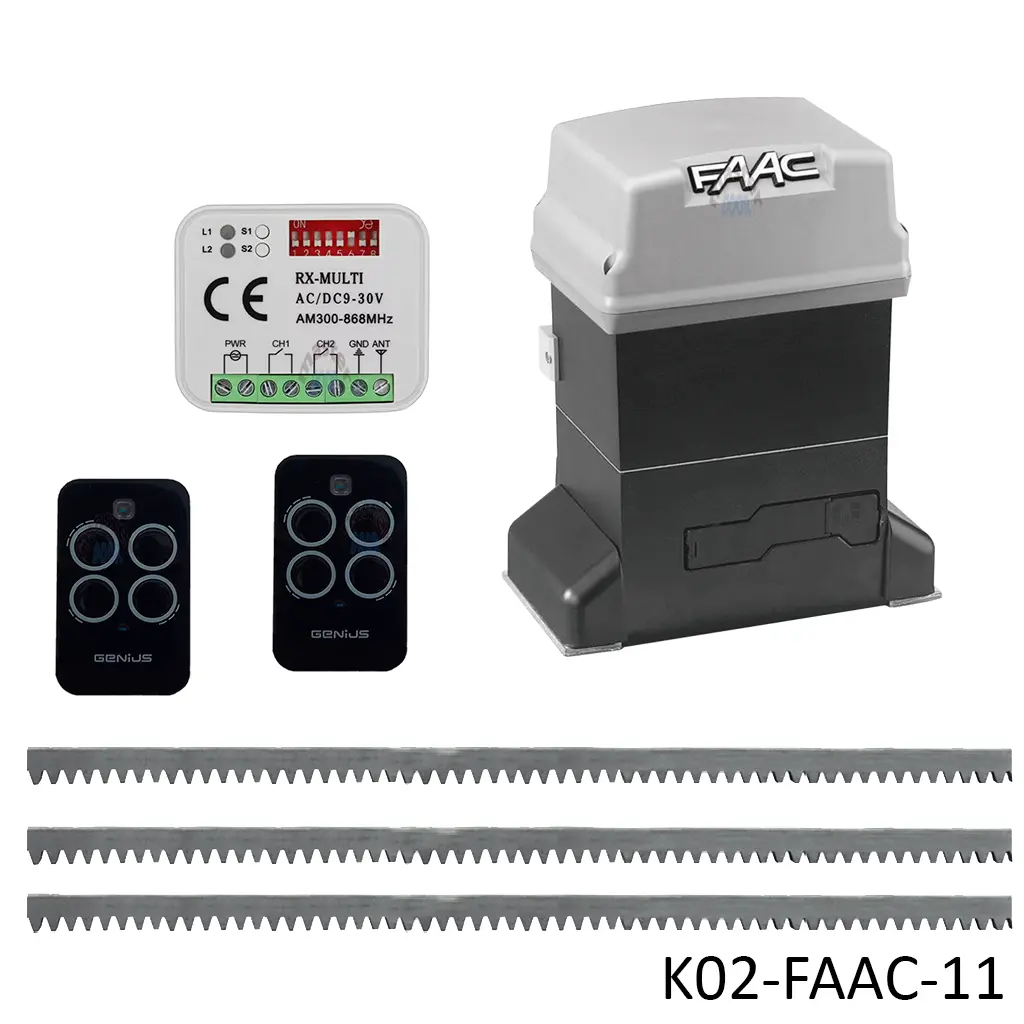 [K02-FAAC-11] Kit Cremallera FAAC-746, 220V. Cap. de Arrastre 600K. Incluye: 6m cremallera, 1-Tarjeta, 1-Receptor y 2 Control.