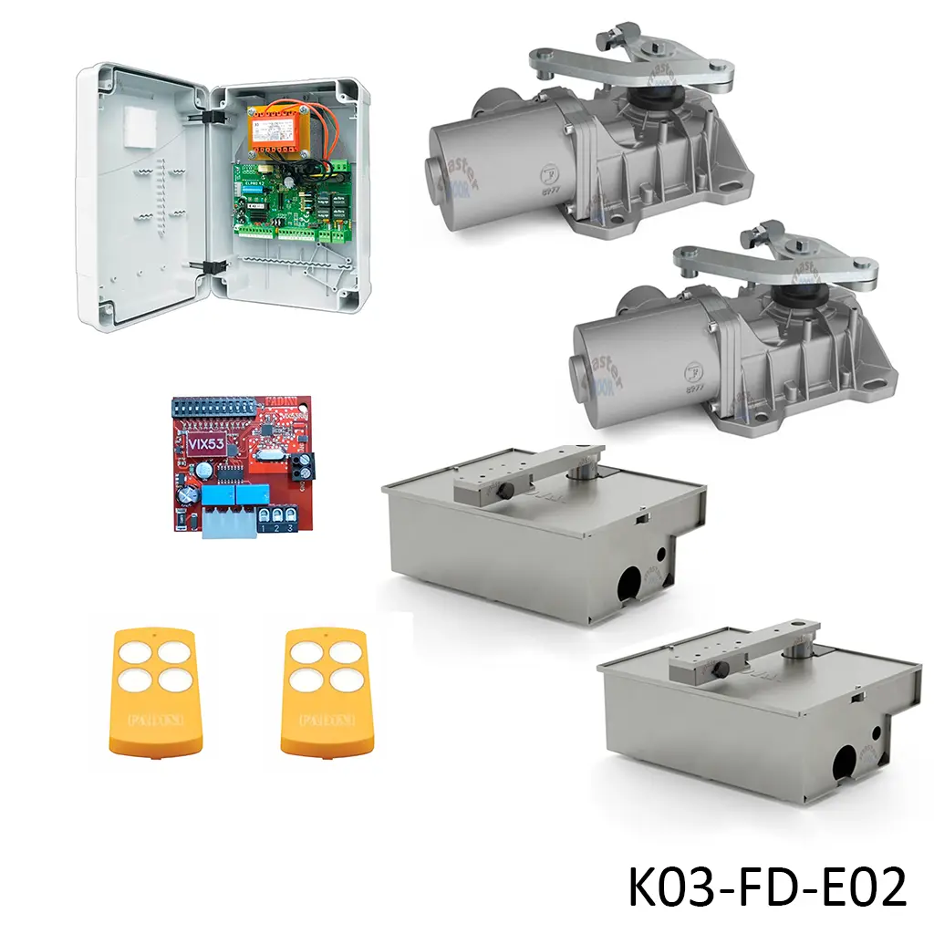 Kit Pistones FOX-724, 105º,120V para 2 Hojas, Peso max. 800K, Ancho max. 3.50m,...Incluye Receptor y 2 Control.