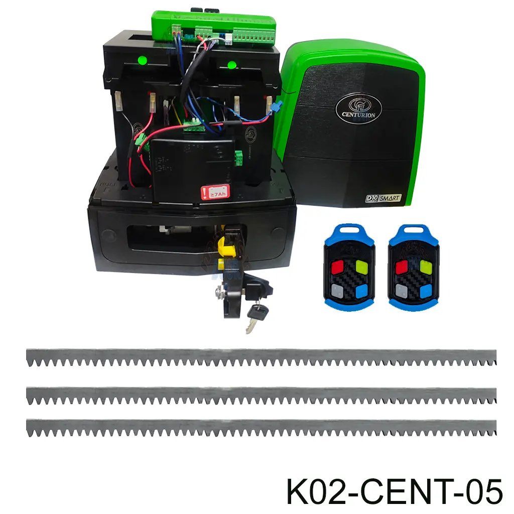 Kit Operador CENTURION D10 Smart TURBO, 120V/24V, cap. De arrastre 500kg, velocidad rápida, incluye 6.0m Cremallera, Bateria y 2 control.