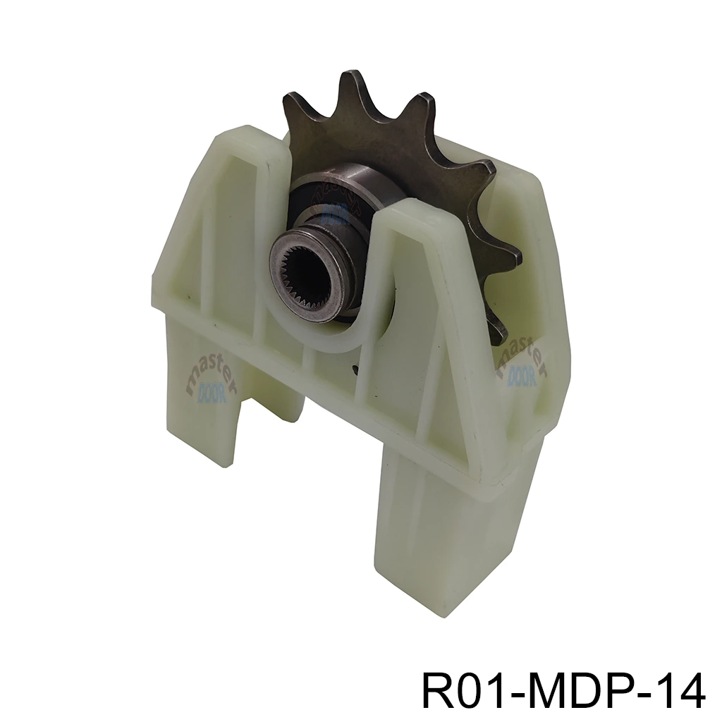 [R01-MDP-14] Catarina de salida con cople estriado, 12 dientes, para flecha del motor electrico MD1000Plus-MDSpeed1000 y otros, con su base de plastico NV.
