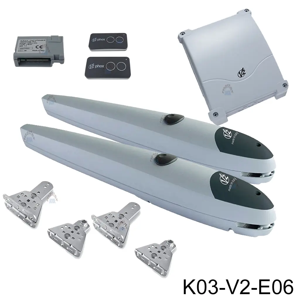 [K03-V2-E06] Kit Pistones Swing NYK 24V/120V, para 2-hojas, 250kg, 2.0m ancho. Incluye: Receptor y Controles. V2, Caja.