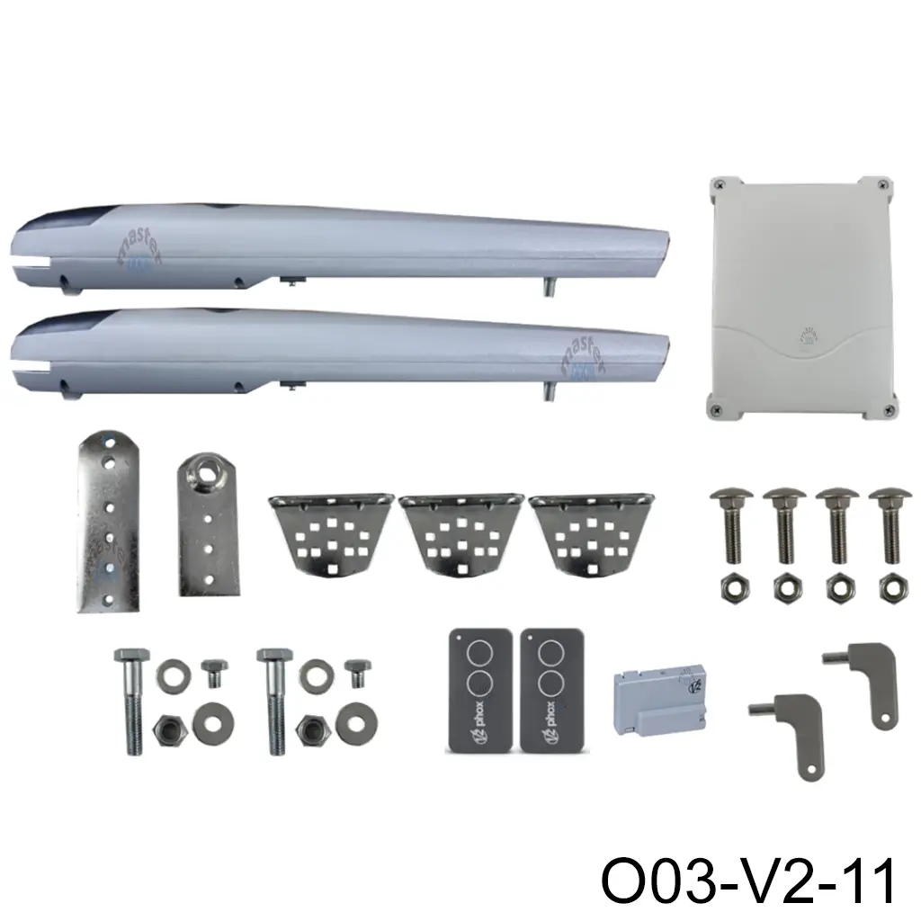 Pistones Swing NYK 24V para 2-Hoja. Incluye: 2-Pistones, 1-Cerebro, 1-Receptor, 2-Controles, 2-Llaves, 2-Capacitores, 2-Jgo. Soportes. Caja