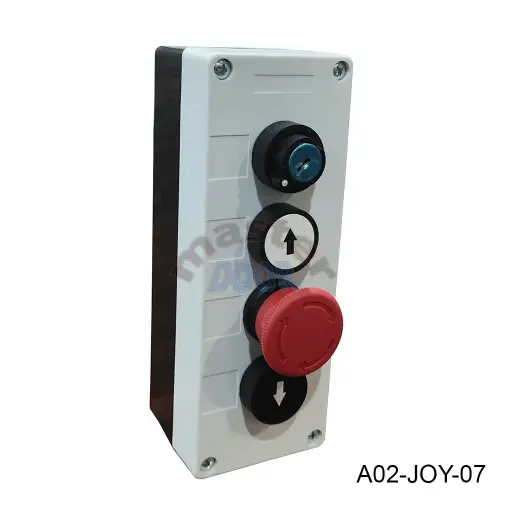 [A02-JOY-07] Botonera de 4 Teclas, contactos N.A/N.A/N.A/NC, PB04K (Contacto NC es un Boton de Paro de emergencia y un Contacto N.A es un swicht de llave…joy