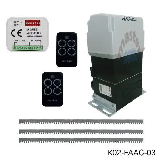 [K02-FAAC-03] Kit Cremallera FAAC-844 ER, 220V, 2F. Cap. de Arrastre 1600K. Incluye: 6m cremallera, 1-Tarjeta, 1-Receptor y 2 Control.