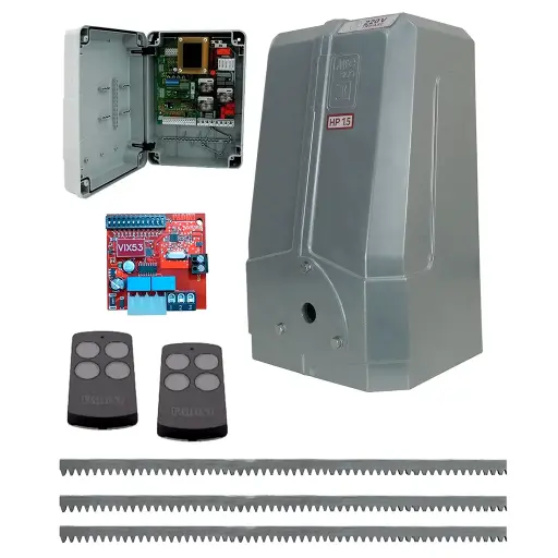 [K02-FD-08] Kit Cremallera MEC-200 1.5 hp 220V Trif. Cap. de Arrastre 2000K. Incluye: 6m cremallera, 1-Cerebro Elpro37, Receptor y 2 Controles F-868Mhz. FD