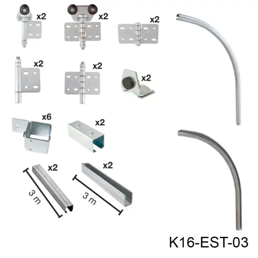 [K16-EST-03] Kit Herraje Articulado curvo hacia la pared, Superior, Mod. U-40, 150/300 Kg Combinacion. Para un claro de 3.0m max. en 3 hojas de 0.60m a 1.0m.
