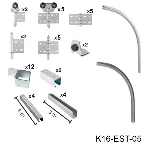 [K16-EST-05] Kit Herraje Articulado curvo hacia la pared, Superior, Mod. U-40, 150/300 Kg Combinación. Para un claro de 6.0m max. en 6 hojas de 0.60m a 1.0m
