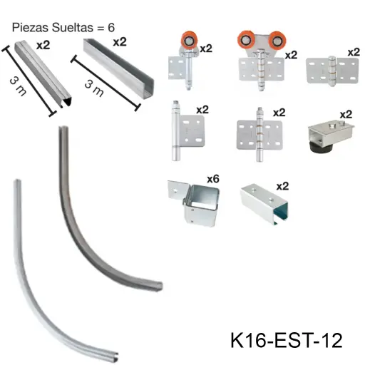 [K16-EST-12] Kit Herraje Articulado curvo hacia la pared, Superior, Mod. U-60, 240/450 Kg Combinacion. Para un claro de 3.0m max. en 3 hojas de 0.80m a 1.2m.
