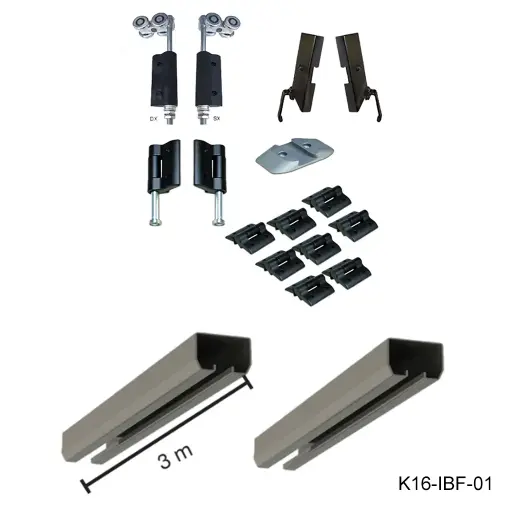 [K16-IBF-01] Kit Herraje Plegadizo para 4- Hojas (Incluye: 2 Carretilla, 2- Guias inferior, 8 Bisagras Ala, 1 Guía inferior, 2 Riel superior de 3.0m)
