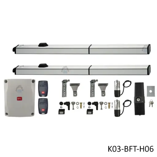 [K03-BFT-H06] Kit Pistones BFT P4.5, 120V, para 2 Hojas, peso max. 300kg, ancho max, 3.5m, Incluye Receptor, 2 control y Chapa de Bloqueo de pivote.