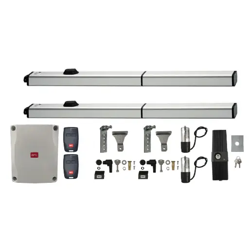 [K03-BFT-H08] Kit Pistones BFT P7, 120V, peso max. 500kg, ancho max. 7.0m, 2-hojas, Incluye Receptor, 2 control y chapa de bloqueo de pivote.