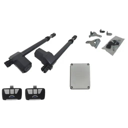 [K03-GR-04] Kit Pistones GR-300, 120V/24VCD, para 2 Hojas, Receptor, 2 Control MD y Bateria de Respaldo.