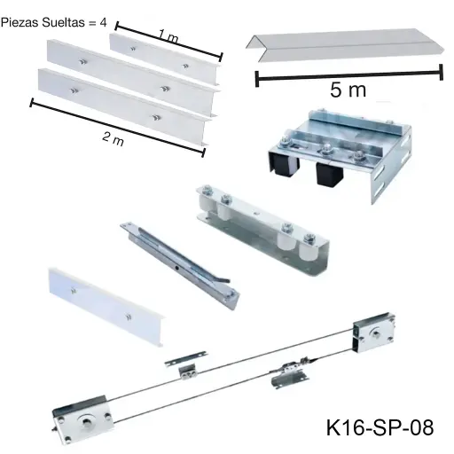 [K16-SP-08] Kit Telescopico, apertura 9mts. aplica donde es un claro de 9 metros y se reparte en 2 hojas. Peso maximo 400kg en la segunda hoja.