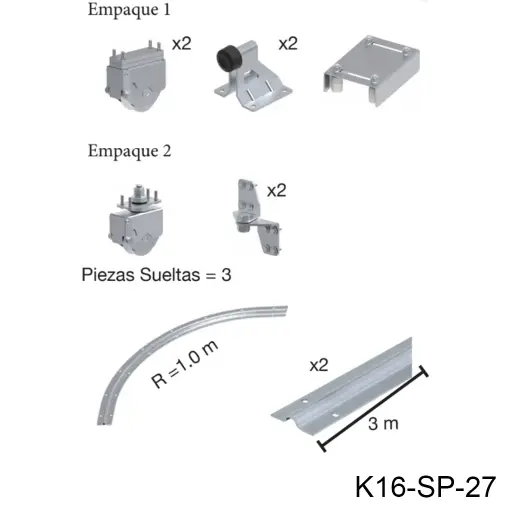 [K16-SP-27] Kit herraje Articulado curvo hacia la pared, Inferior, Mod. RADIUS. Para un Claro de 6.0m max. en 6 hojas de 75cm a 1.5m, peso 100Kg por hoja.