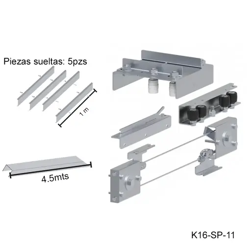 [K16-SP-11] Kit telescopico, apertura 8mts. aplica donde es un claro de 8 metros y se reparte en 2 hojas. Peso maximo 300kg en la segunda hoja.
