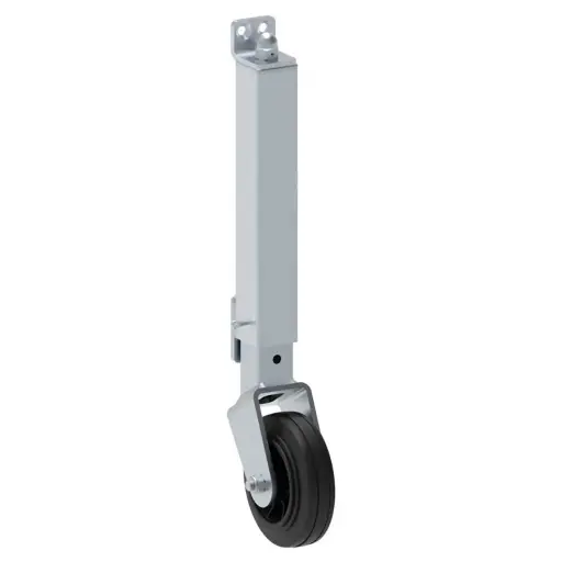 [16-SP-0082] Rueda con base ajustable Telescopica, altura 529mm, un ajuste de 47mm / 19mm, Rueda Ø-131mm, para un peso 250kg. Se coloca en la punta de la hoja abatible.