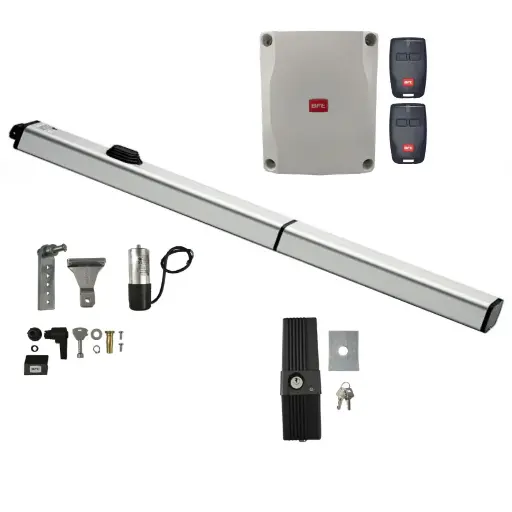 [K03-BFT-H05] kit Pistones BFT P4.5, 120V, para 1 Hoja, peso max. 300kg, ancho max, 3.5m, Incluye Receptor, 2 control y Chapa de Bloqueo de pivote.