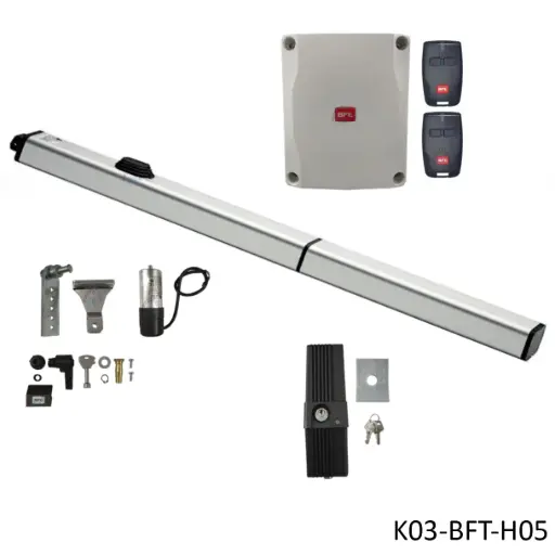 [K03-BFT-H05] kit Pistones BFT P4.5, 120V, para 1 Hoja, peso max. 300kg, ancho max, 3.5m, Incluye Receptor, 2 control y Chapa de Bloqueo de pivote.