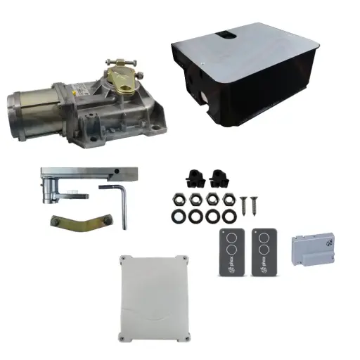 [K03-V2-E10] Kit Pistones ocultos Vulcan 24v V2, para 1 hoja, 120V, 2.5m ancho, 600kg (Con receptor y dos controles)