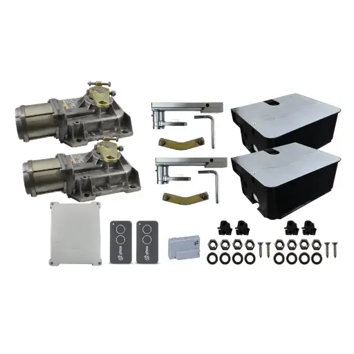 [K03-V2-E11] Kit Pistones ocultos Vulcan 24v V2, para 2 hojas, 120/24V, 2.5m ancho, 600kg (Con receptor y dos controles)