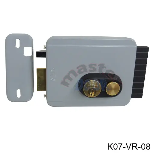 [K07-VR-08] Kit Chapa Electrica Horizontal Viro V97 con Boton, 12vcd, para Puerta que abate hacia Dentro con cilindro..Izquierda (Por medio de la llave se bloquea el boton)