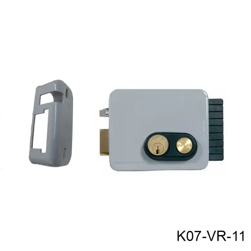 [K07-VR-11] Kit Chapa Electrica Horizontal Viro V97 con Boton, 12vcd, para Puerta que abate hacia FUERA con cilindro...Derecha (Por medio de la llave se bloquea el boton)