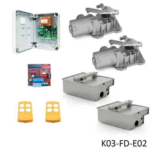 [K03-FD-E02] Kit Pistones FOX-724, 105º,120V para 2 Hojas, Peso max. 800K, Ancho max. 3.50m,...Incluye Receptor y 2 Control.